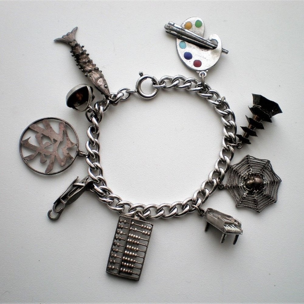 Antique Vintage Sterling Silver Abacas Fish Piano Spider Pagoda Charm Bracelet